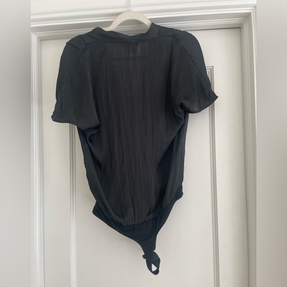 NWT Paige Dijon Satin Short Sleeve Faux Wrap Thong Bodysuit Black, Sz S - Picture 10 of 12